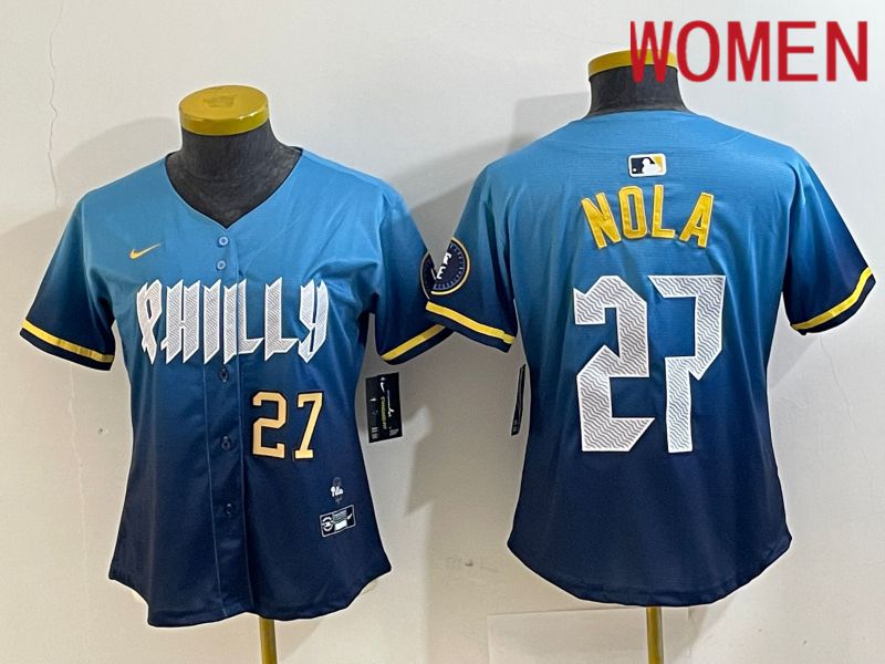 Women Philadelphia Phillies #27 Nola Blue City Edition Nike 2024 MLB Jersey style 3